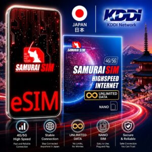 Smartphone with Samurai SIM logo beside a blue SIM package, neon city backdrop and Japan/KDDI branding.