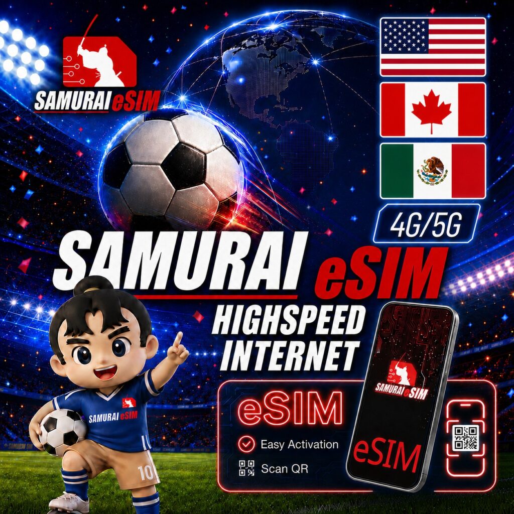 Promotional banner for Samurai eSIM with a soccer ball, globe, and flags of the US, Canada and Mexico; highlights 4G/5G internet and easy activation.