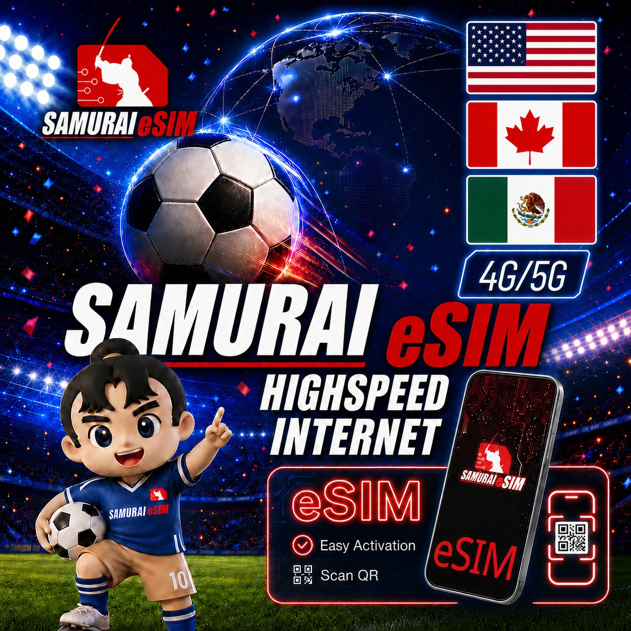 Promotional banner for Samurai eSIM with a soccer ball, globe, and flags of the US, Canada and Mexico; highlights 4G/5G internet and easy activation.
