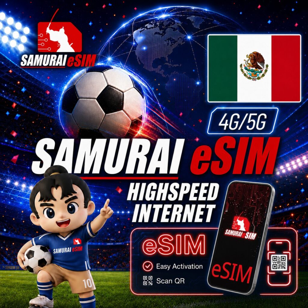Promo graphic for Samurai eSIM advertising 4G/5G high-speed internet, featuring a globe, soccer ball, and the Mexican flag.