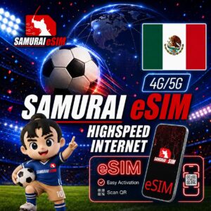 Promo graphic for Samurai eSIM advertising 4G/5G high-speed internet, featuring a globe, soccer ball, and the Mexican flag.