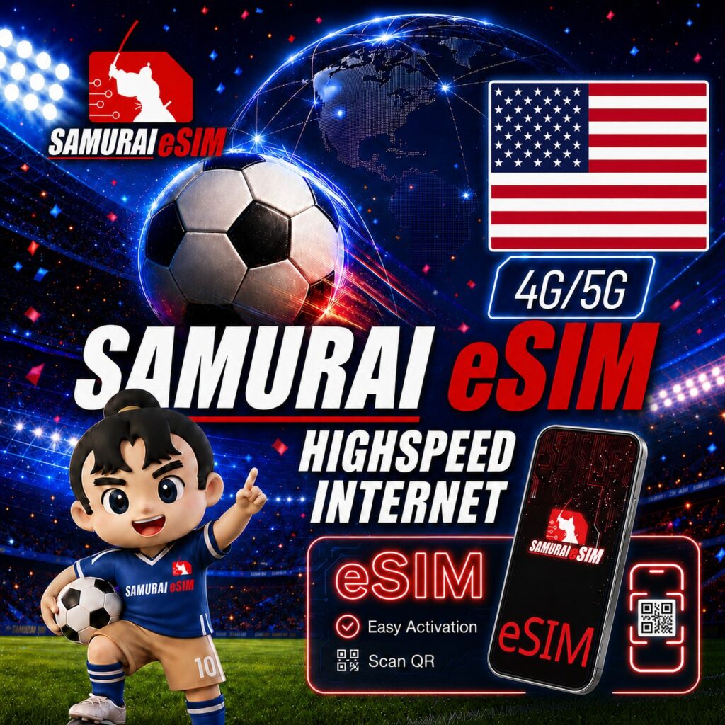 Promotional poster for Samurai eSIM offering 4G/5G internet; features US flag, globe, soccer ball, and a cartoon kid with a soccer ball.