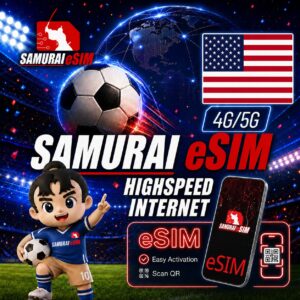 Promotional poster for Samurai eSIM offering 4G/5G internet; features US flag, globe, soccer ball, and a cartoon kid with a soccer ball.