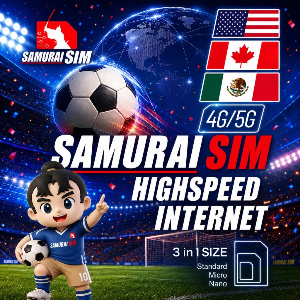 Samurai SIM banner advertising 4G/5G high-speed internet with US, Canada, and Mexico flags and a cartoon mascot.