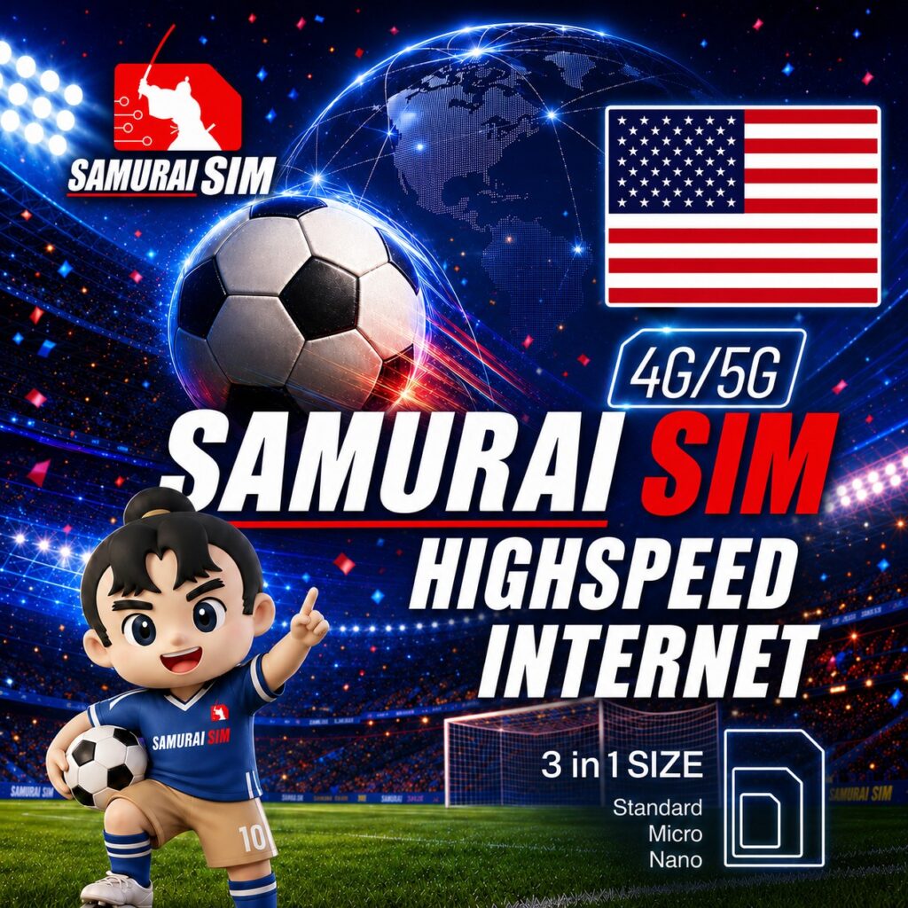 Promotional graphic for Samurai SIM high-speed internet (4G/5G) featuring a soccer ball, mascot, world globe, and American flag in a stadium scene