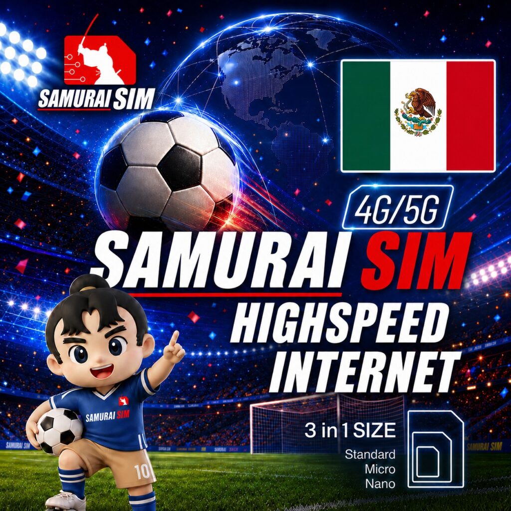 Promotional poster for Samurai SIM high-speed 4G/5G internet with a soccer ball, mascot, and the Mexican flag in a stadium scene