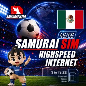 Promotional poster for Samurai SIM high-speed 4G/5G internet with a soccer ball, mascot, and the Mexican flag in a stadium scene
